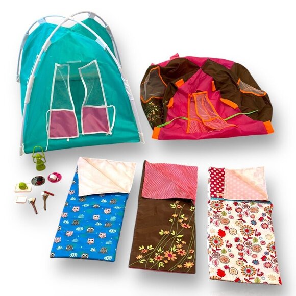 18" Doll Camping Set With 3 Sleeping Bags 2 Tents & Play Dishes - Picture 6 of 13